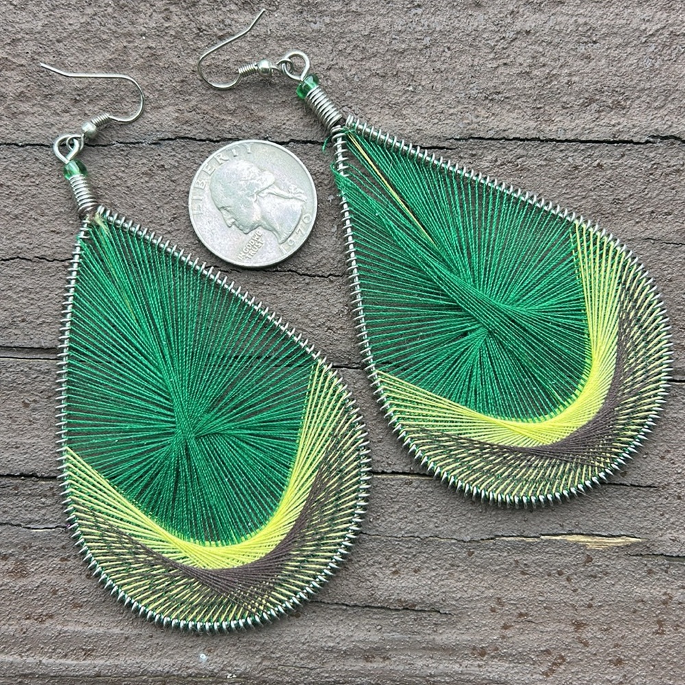 Large Beautiful Unique Green Yellow Earrings - Picture 2 of 7